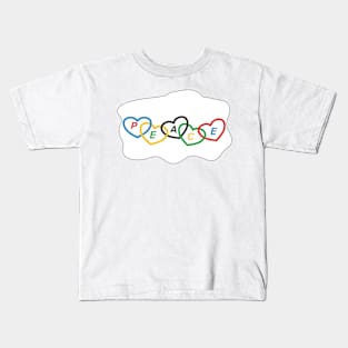 Hearts with Olympic colors and text "peace" Kids T-Shirt